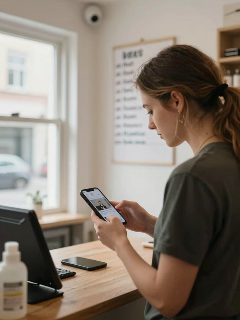 Wide shot of a small retail shop interior at 8am—owner behind the counter reviewing a phone showing a social post, natural window light, a handwritten price list visible on the wall behind, slight motion blur on the owner's hands