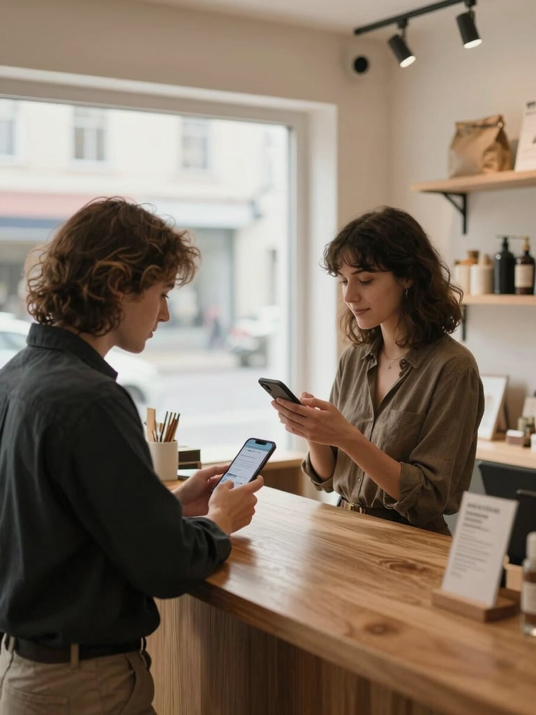 Wide shot of a small retail shop interior at morning open, owner at the counter reviewing a phone screen showing a social media post, natural window light, warm wood surfaces visible, no posed smile