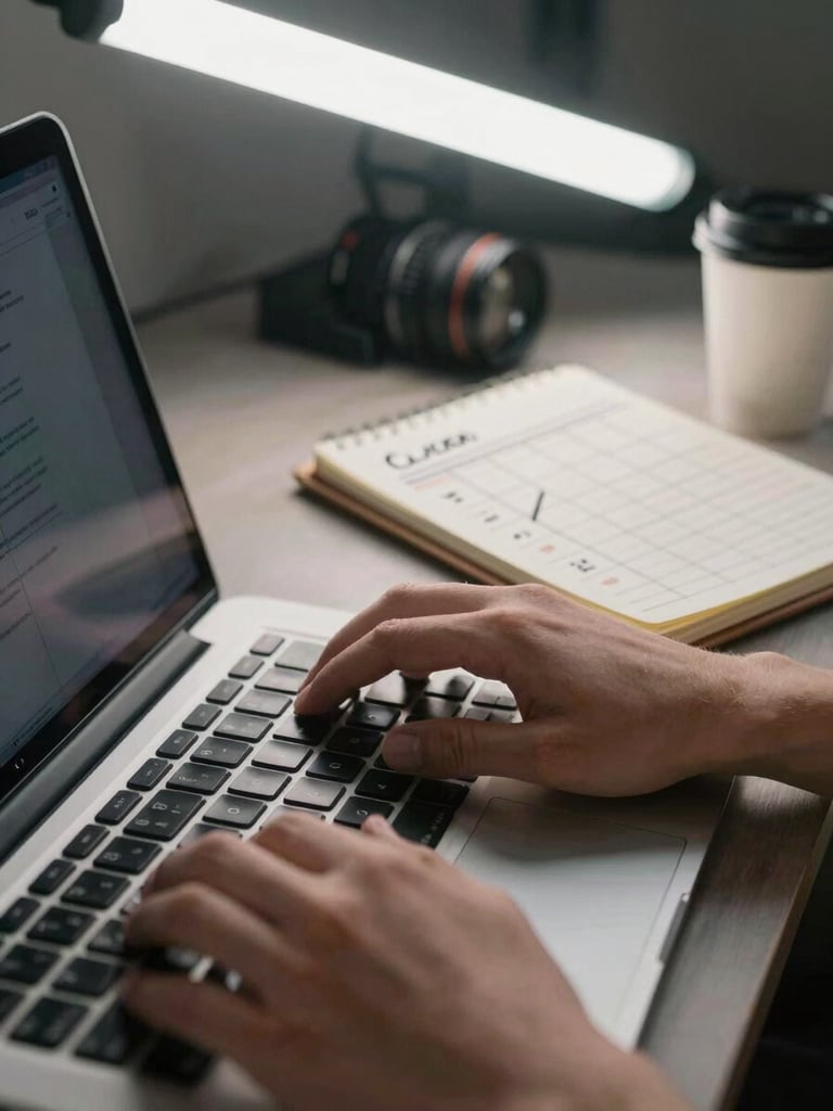 Close-up of hands typing on a laptop keyboard in a small office, a notepad with a hand-written content calendar beside the keyboard, overhead fluorescent light, coffee cup at the edge of frame