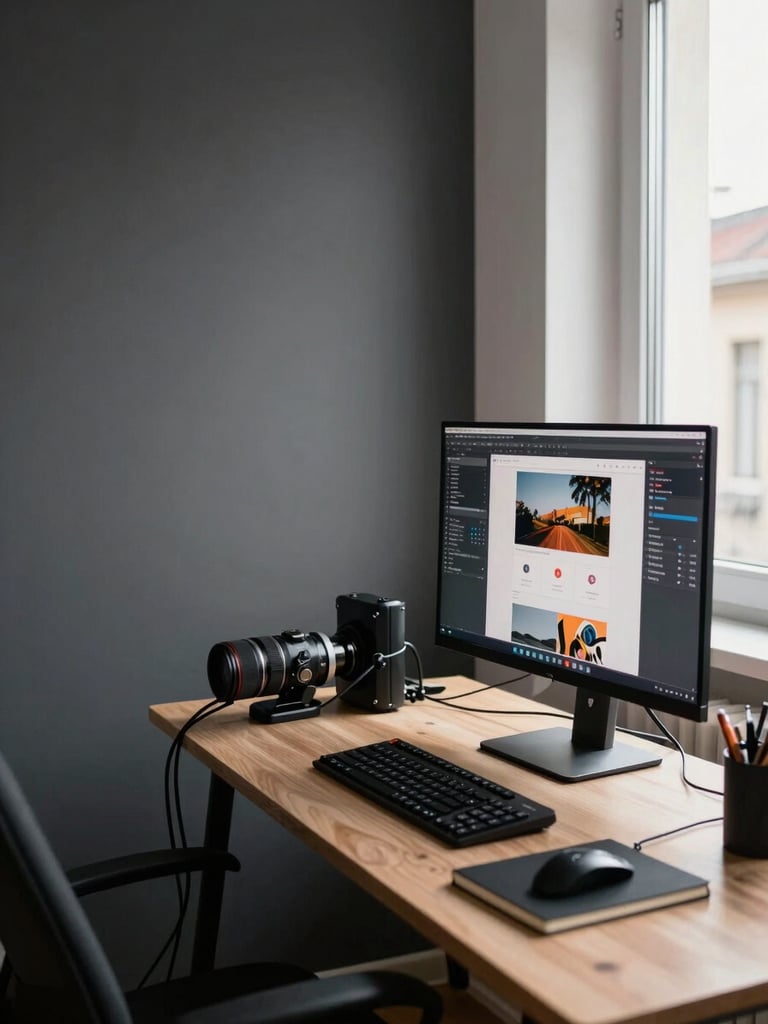 Wide-angle view from the left side of a compact Budapest studio workspace, a large monitor displaying a web layout in the right third of the frame, cables and notebooks on the desk surface, warm afternoon light entering from a window off-frame right, charcoal wall behind