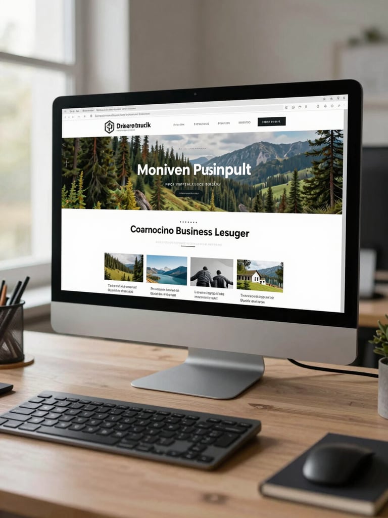 Wide environmental shot of a designer's workspace, a large monitor displaying a Hungarian business website layout in progress, natural daylight from a side window, keyboard and notebook in the foreground, clean and focused