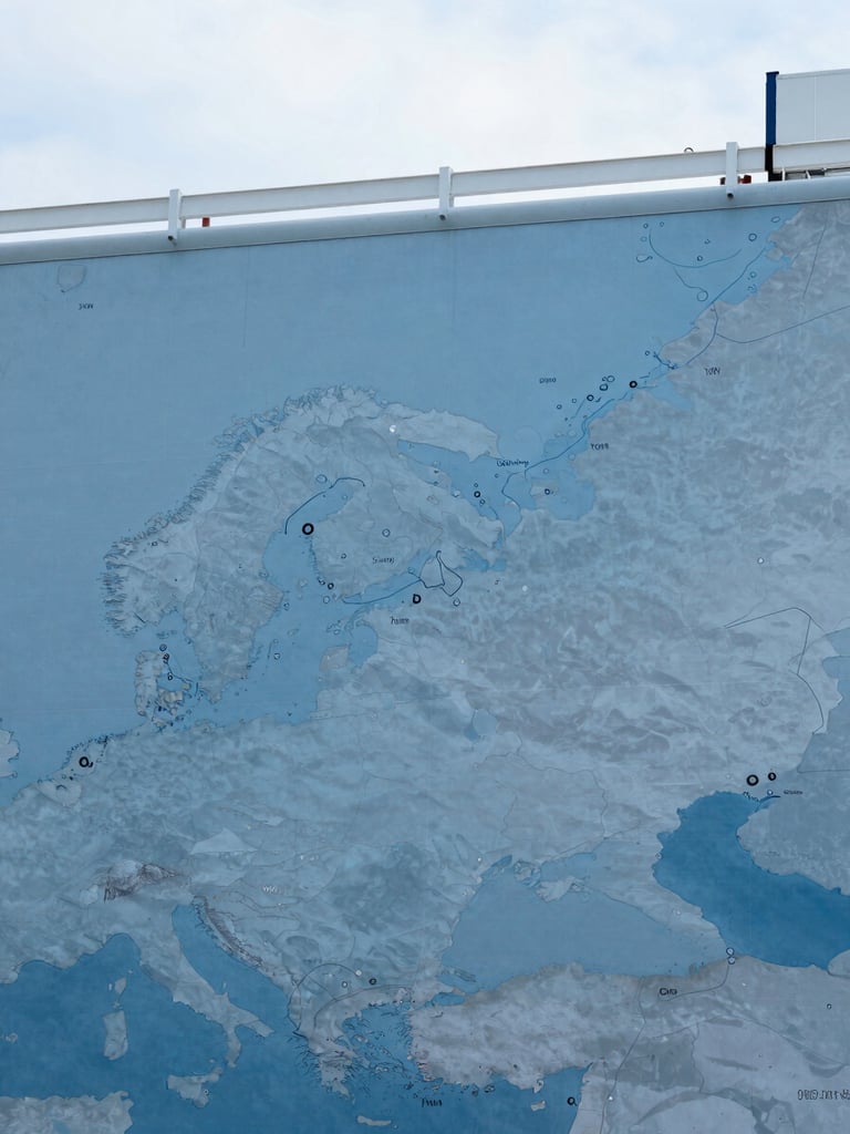 A clean, high-contrast graphic map showing maritime shipping routes from the East Coast of the United States to Europe and the Middle East, cool blue tones.