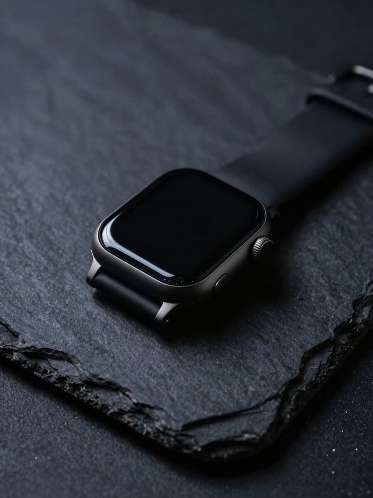 Low-key chiaroscuro lighting on a matte black smart watch resting on a heavy slate surface, dramatic side-lighting highlighting brushed steel textures, cool navy shadows.