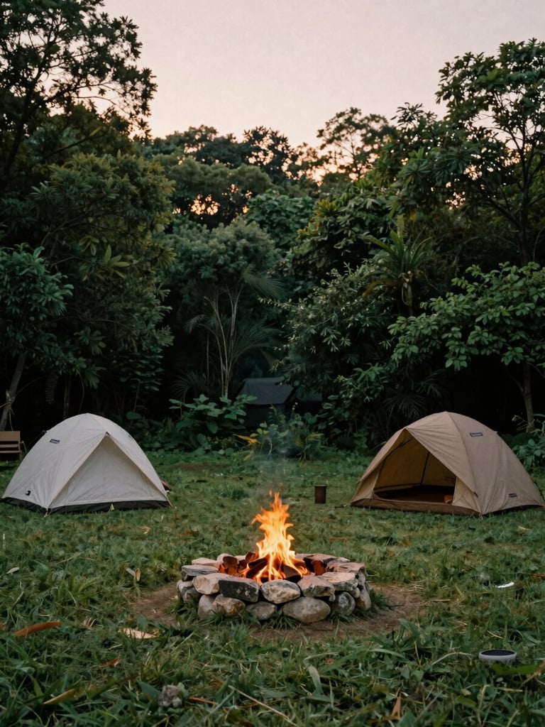 Wide environmental perspective of a modern outdoor campsite nestled in deep forest greens, a small stone fire pit glowing at twilight, 35mm film texture.