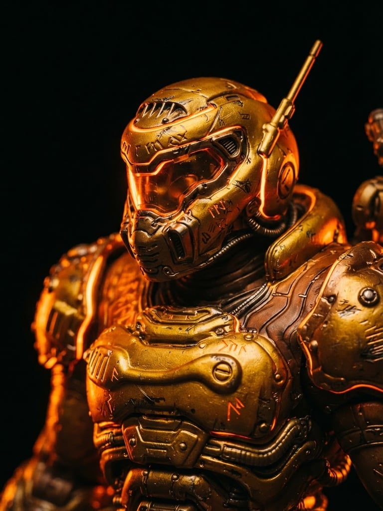 Tight macro shot of a premium golden action figure, dramatic orange rim lighting, pitch black background, high contrast, 35mm
