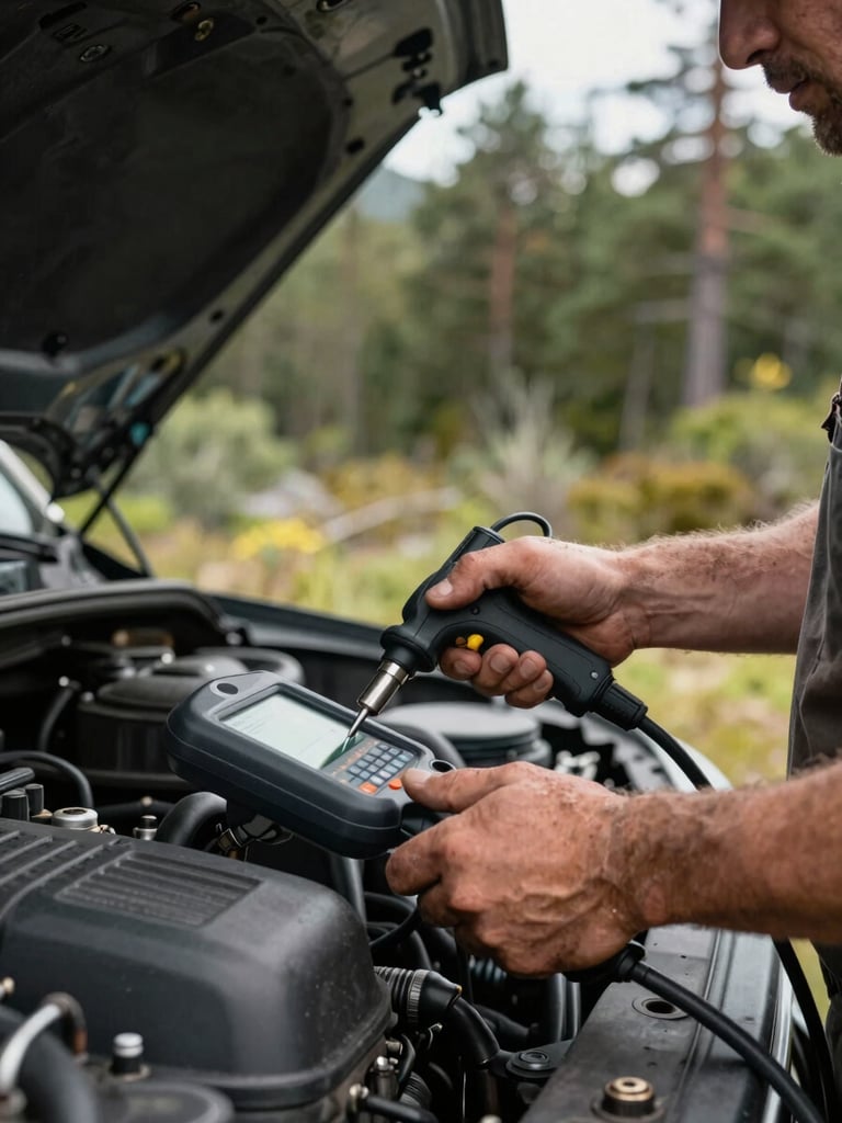 Close-up of a mechanic's grease-stained hands holding a diagnostic tool against a truck engine bay, shot under overcast natural light filtering through an open hood, dense Patagonian forest visible in the blurred background through the gap