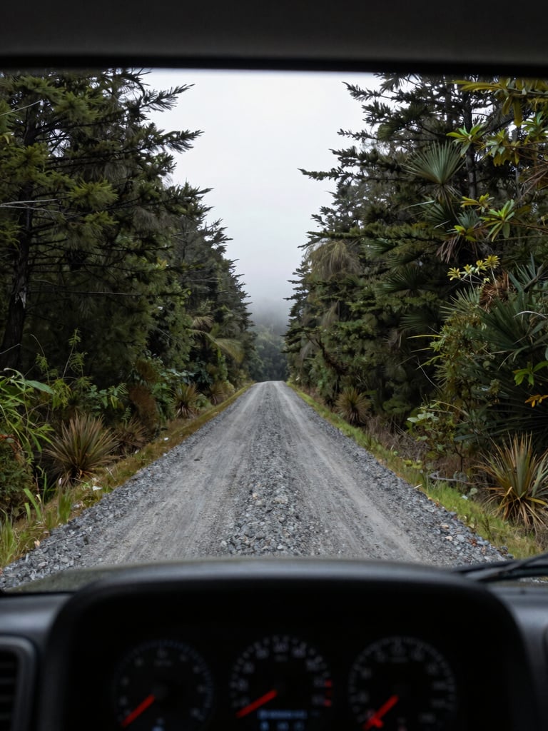 Wide environmental shot from inside a work vehicle cab looking out at a gravel road cutting through dense southern Chilean temperate rainforest under flat overcast daylight — road disappears into misty distance, dashboard instruments visible at frame edge, no people visible