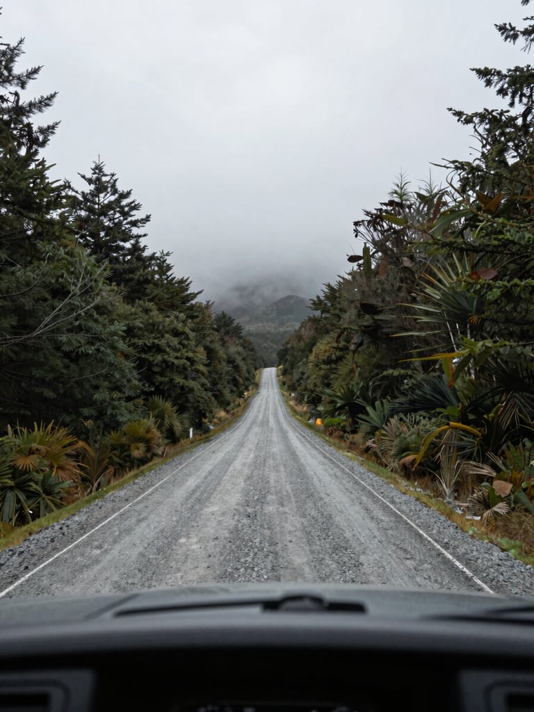 Wide panoramic view from inside a truck cab looking out at a straight gravel road cutting through dense Patagonian forest under heavy overcast skies, southern Chile, the road disappearing into mist, dashboard edge visible in the foreground left, no signage, documentation feel