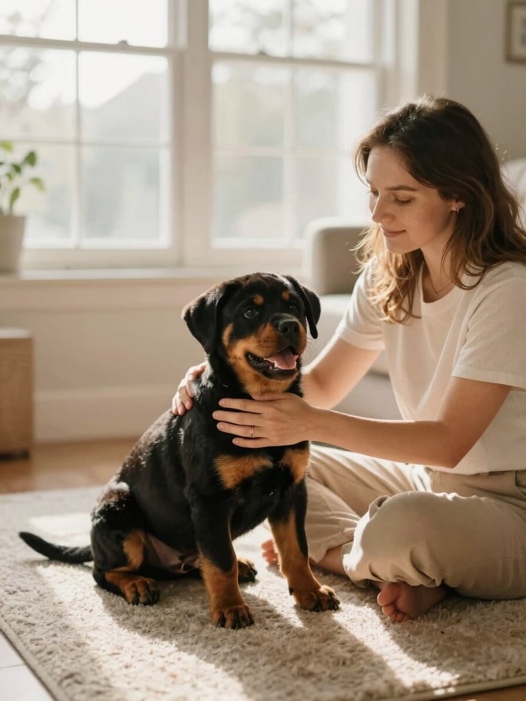 Warm natural light photograph of a mother and child sitting on a light-colored living room rug, gently petting a happy Rottweiler puppy, soft morning window light, shallow depth of field, 35mm.