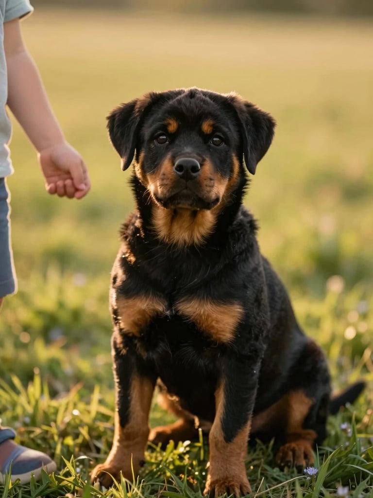 Warm editorial portrait of a gentle Rottweiler puppy sitting in the grass next to a child's hand, soft golden hour lighting, natural human-canine connection, 35mm.