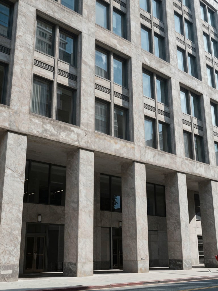 Wide-angle architectural shot of a modern civic office building facade in Washington D.C., cool daylight, sharp focus, desaturated tones