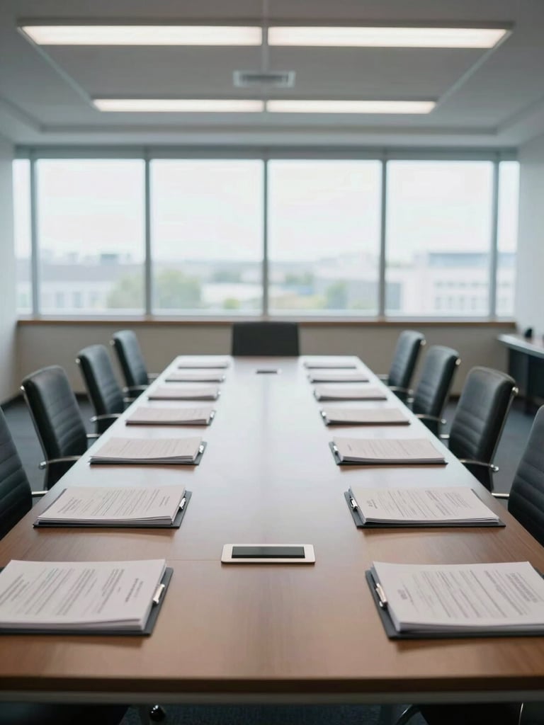 Wide-angle view of an empty conference room in daylight, long table with neatly arranged folders and printed documents, cool natural light from floor-to-ceiling windows, institutional and precise