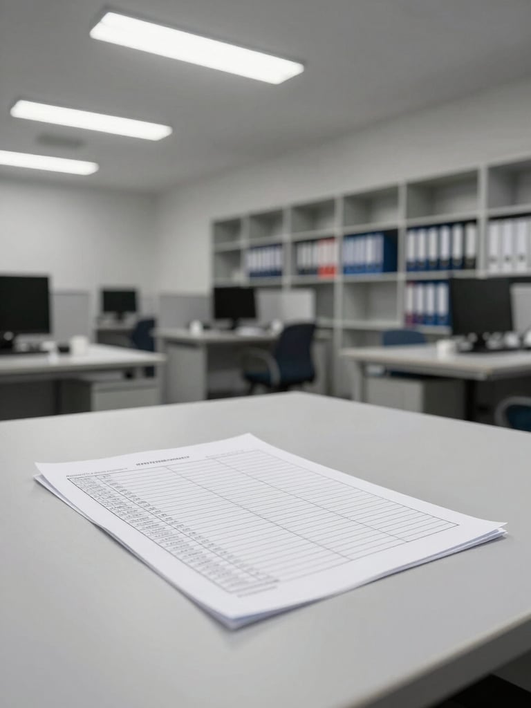 Wide shot of an empty professional workspace, a single open spreadsheet printout pinned flat on a large light-grey desk, fluorescent office light overhead, architectural clean lines of shelving with orderly binders in the background, no people