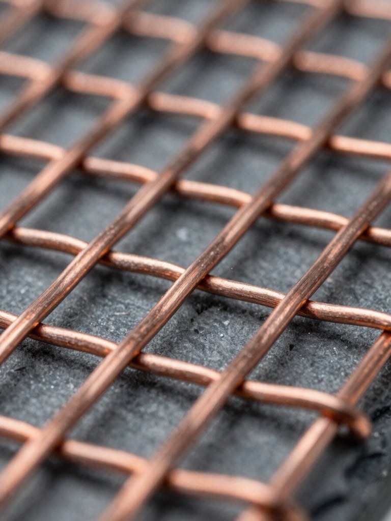 Extreme macro detail of laminated woven copper wire mesh, cool diffused laboratory light, sharp focus on metallic texture, slate and steel tones, 50mm lens.