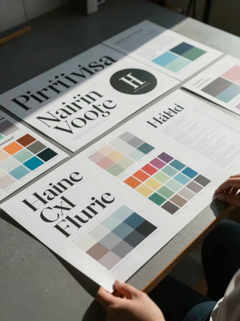 Wide panoramic view of a studio worktable from above, a large brand identity system spread across it — typography specimens, color swatches, and printed brand guidelines — shot under cool north-facing daylight, hands visible at the lower edge adjusting a printed sheet, no faces, deep shadows on the left