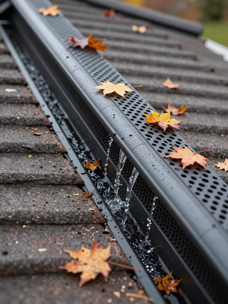 Overhead angle of a freshly installed microporous gutter guard on a residential roof, clean water running through the drainage channel, autumn maple leaves resting on top of the guard without entering, soft natural daylight