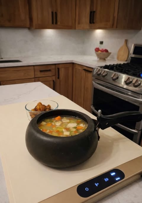 Electric countertop hot plate with soup pot cooking vegetable chicken broth on a food warming mat