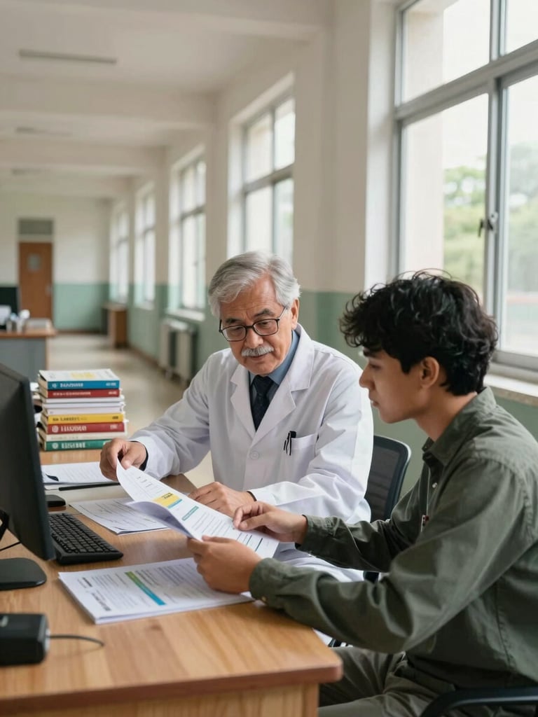 Environmental wide shot of a medical college corridor, a senior professor seated beside a student at a wooden desk reviewing printed college prospectuses, natural window light from the right, stacks of reference books visible in the background, candid and unhurried