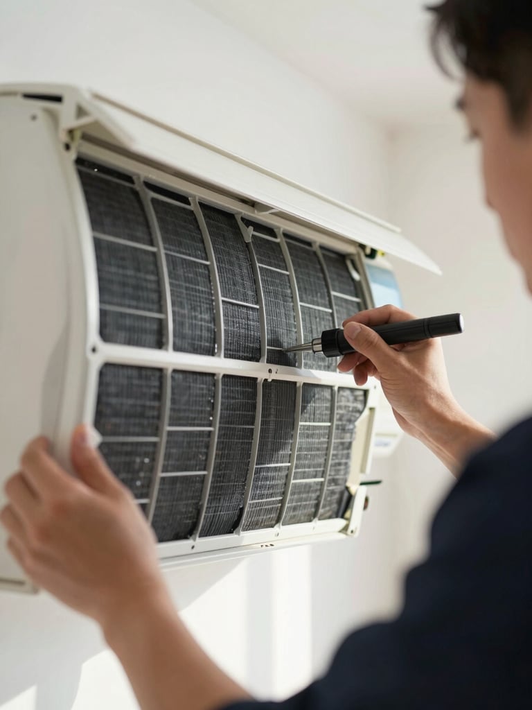 Macro detail shot of a clean, modern split air conditioner filter being precisely calibrated by a technician wearing a clean dark uniform, bright natural morning daylight.