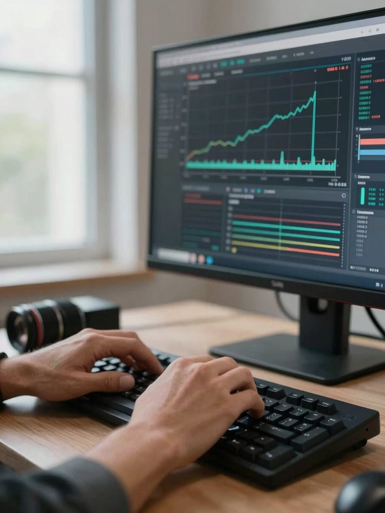 Close-up, slightly angled shot of an engineer's hands on a mechanical keyboard reviewing application performance metrics on a large monitor, cool natural window light from the left, system dashboard visible on screen with graph traces and uptime indicators