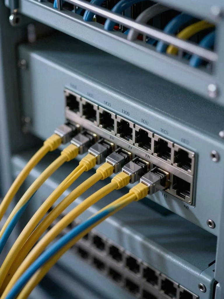 Close-up overhead shot of a network switch panel with labeled ethernet cables organized and routed, cool overhead facility lighting casting soft shadows on the hardware surface, cable management bar visible at top