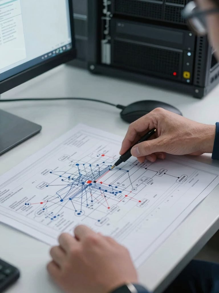 Close-up of an engineer's hands reviewing a printed network topology diagram spread across a workstation desk, overhead angled shot, cool natural daylight from a nearby window, server rack visible out of focus in the background