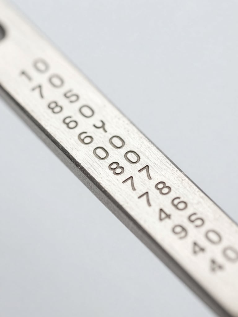 sharp technical photography, sterile light gray background, macro view of laser-etched serial numbers on surgical steel, high-key lighting