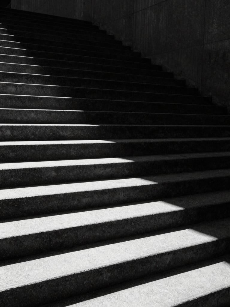 Minimalist black and white shot of an empty concrete staircase descending into deep shadow, harsh high-contrast sunlight, sharp angles, 35mm film.