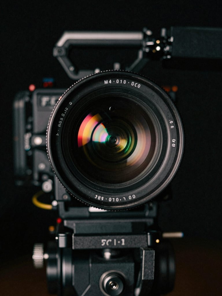 Cinematic close-up of an anamorphic lens with subtle neon reflections, professional camera equipment, low-key dramatic lighting, dark background, 35mm, portrait aspect.
