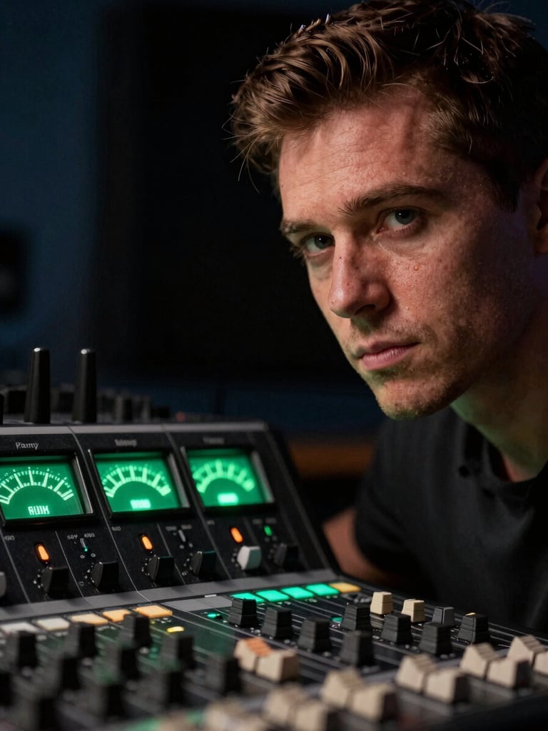 Close-up portrait of professional studio mixer with glowing green level meters, dark atmospheric background, late-night creative vibe