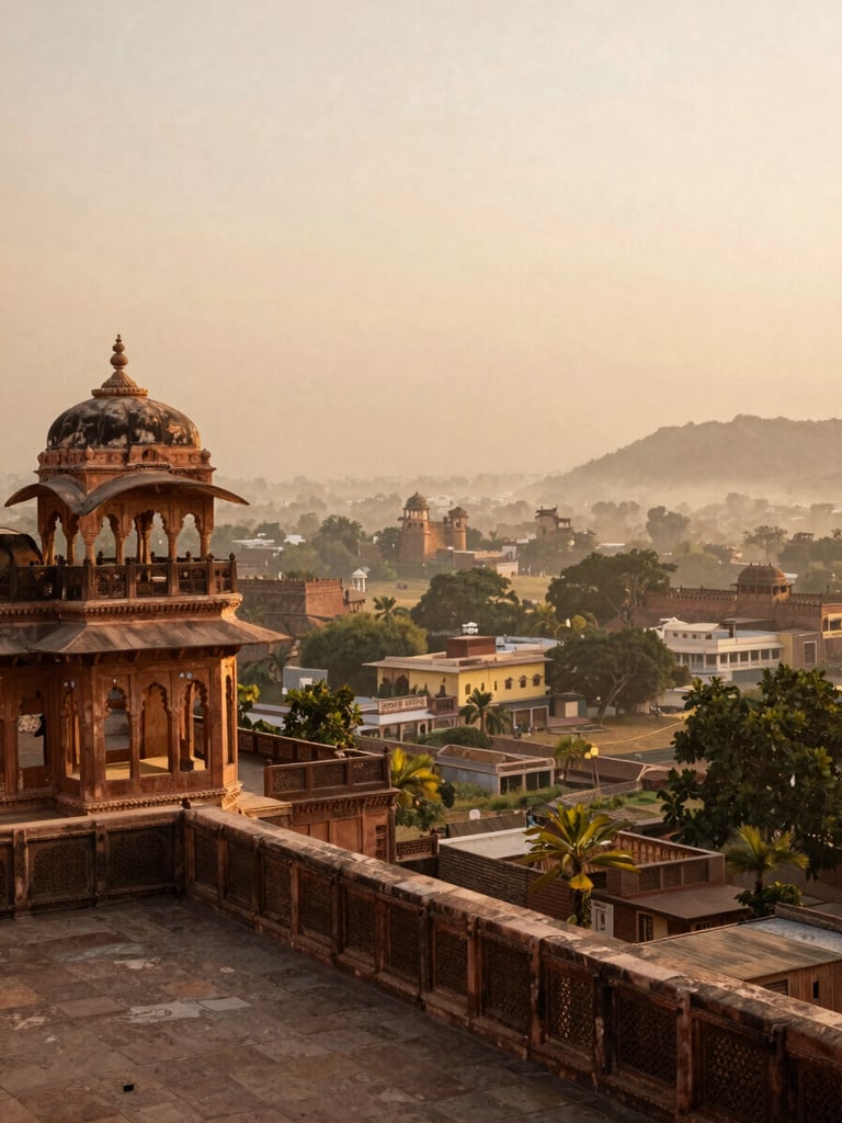 A serene, warm golden-hour shot of a historic Rajasthani fort balcony overlooking a misty valley, medium format film style, rich earth tones