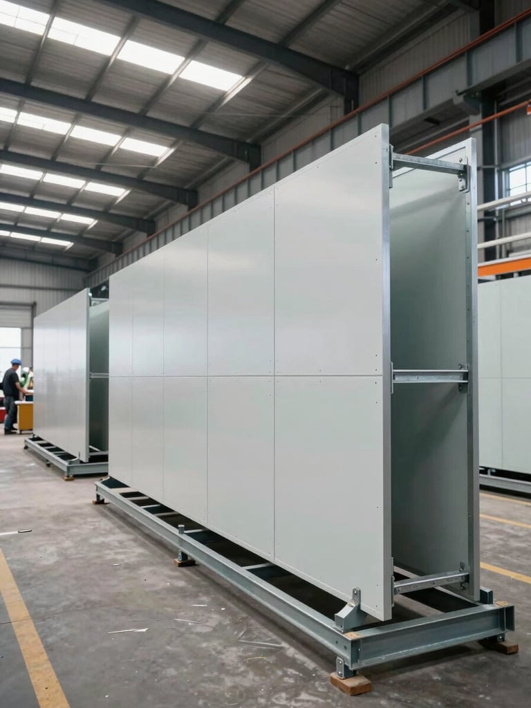 Wide factory floor interior, prefabricated wall panels and steel frames mid-assembly on industrial racks, bright overhead daylight through skylights, workers visible at far end for scale, sharp clarity no mood lighting