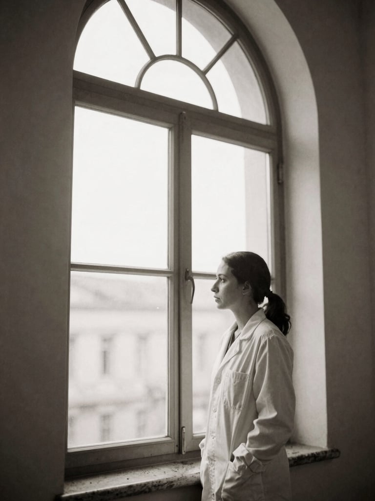 A quiet black and white portrait of a female researcher looking thoughtfully out of a large arched window, soft natural light, architectural frame