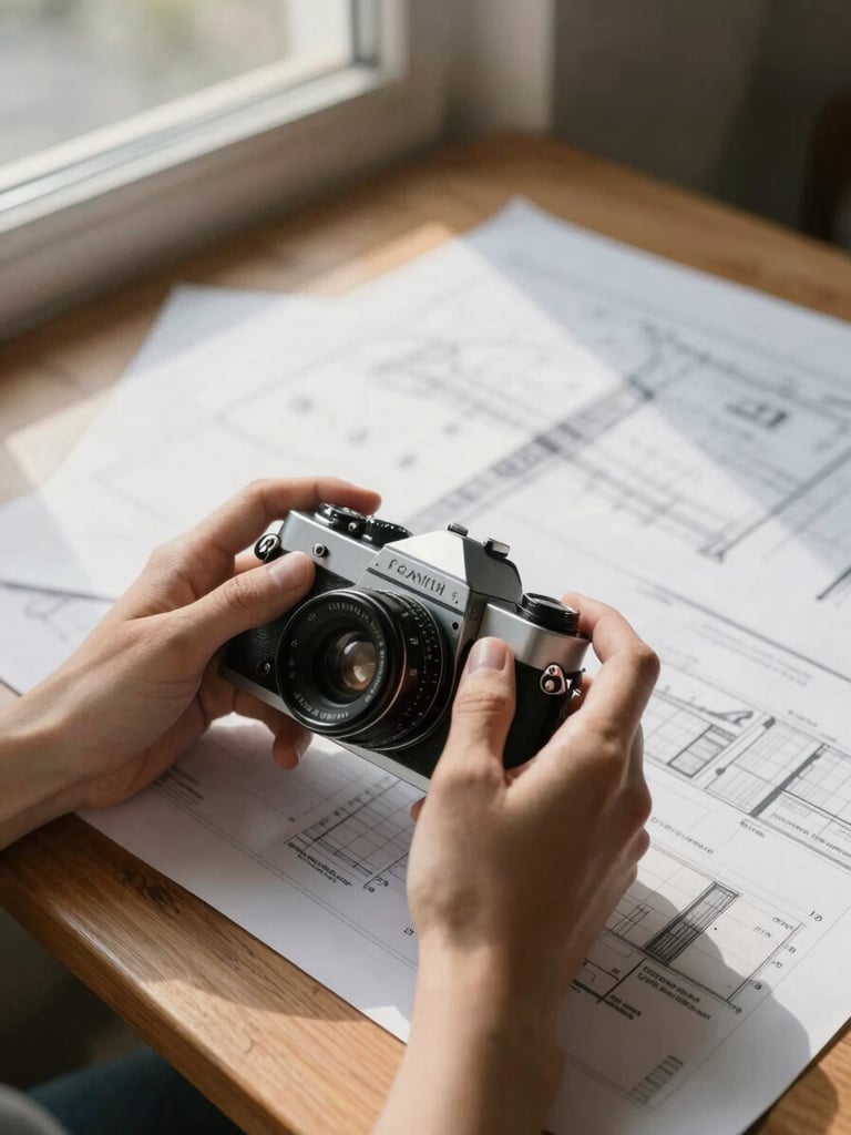 Close-up of hands adjusting a 35mm film camera, soft natural morning light filtering through a window, architectural plans and public health surveys laid out on a wooden table in the background.