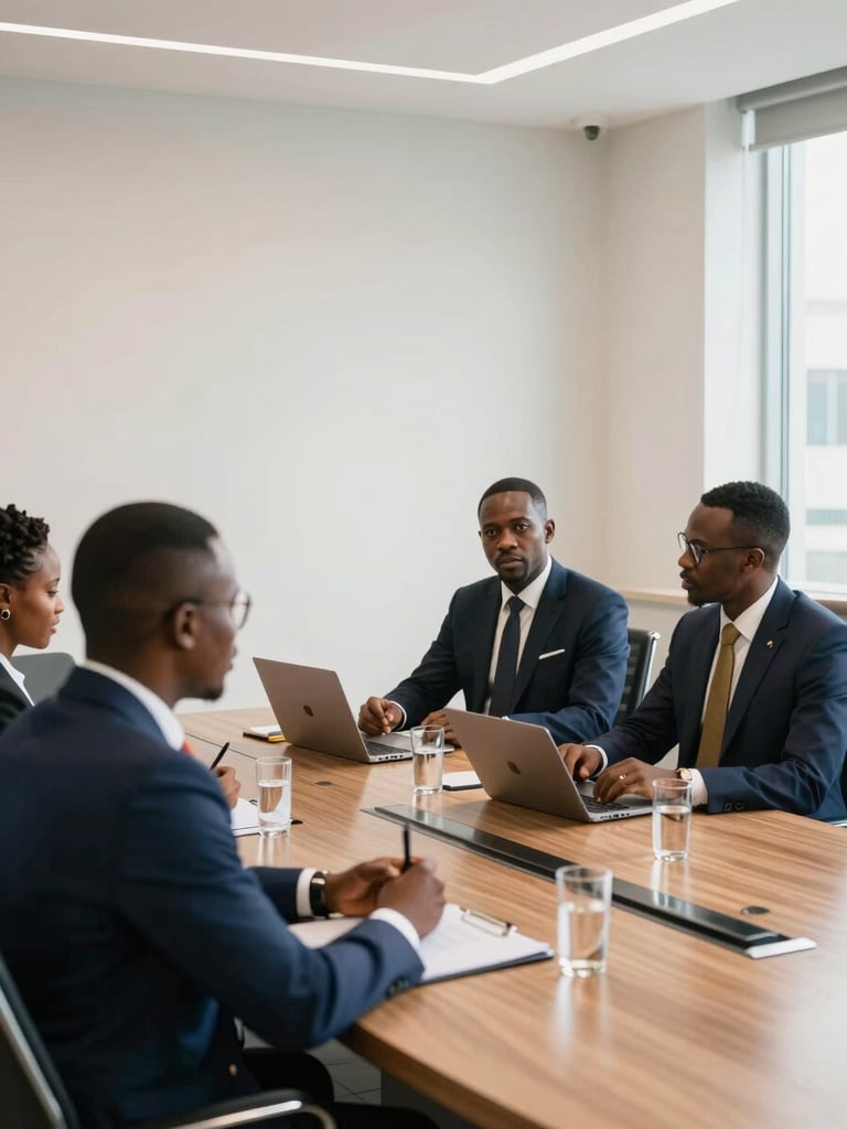 A bright, modern corporate boardroom in Lagos, local African professionals in professional attire engaged in a strategic meeting, soft morning light, 35mm.