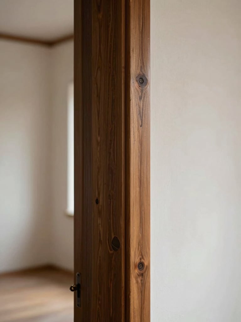 Close-up architectural detail of a flush timber door frame meeting a plaster wall, precise mitered joinery corner under soft north-facing daylight, dark aged wood grain visible, empty room beyond, no people