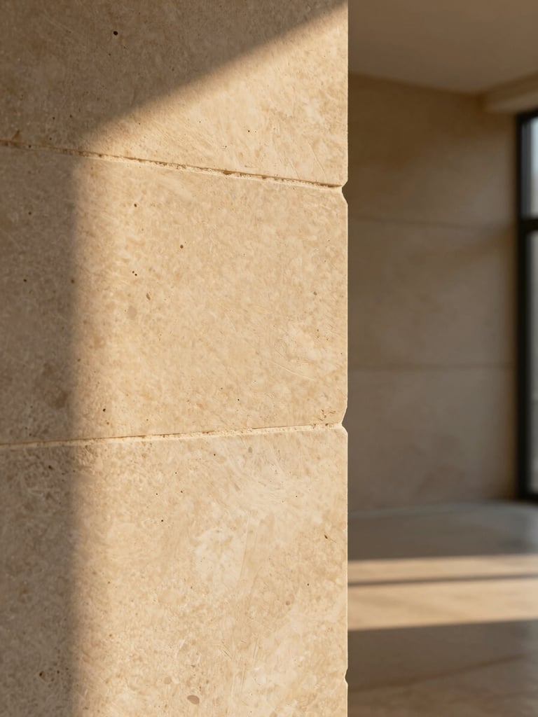 Extreme close-up of a honed limestone wall panel, raking sidelight from the left casting long shadows across the stone's micro-texture, warm golden-hour tone, empty room behind slightly out of focus, architectural precision visible in the flush mortar joint at the panel edge