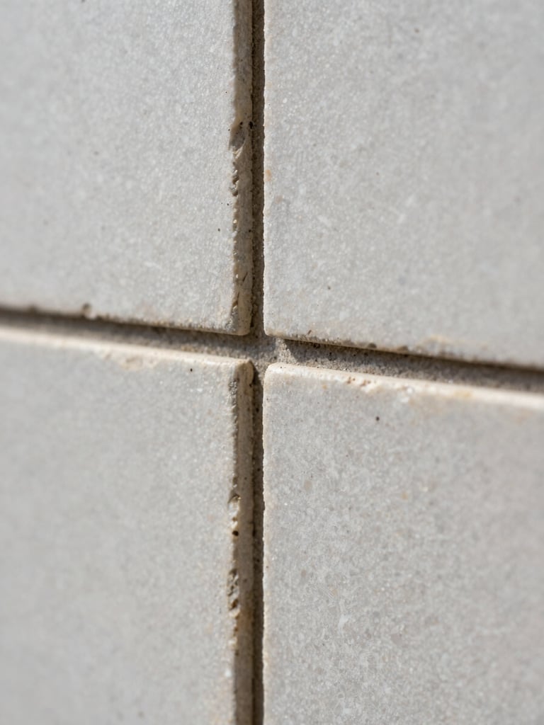Extreme close-up of hand-laid stone tile joint, raking sidelight exposing grout depth and surface texture, matte travertine against dark mortar, precise geometric alignment visible
