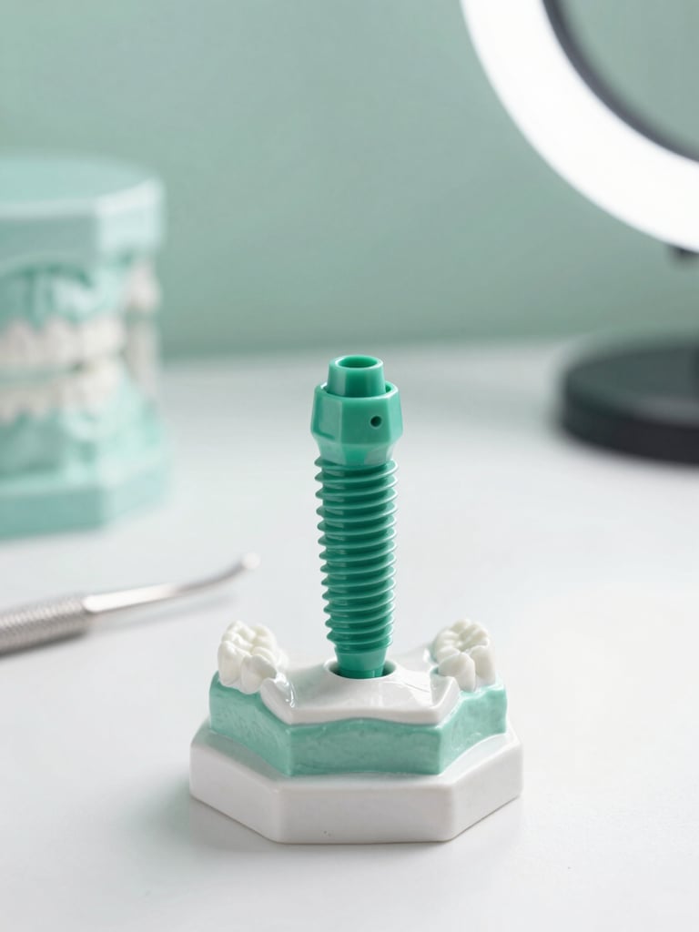 A close-up of a modern dental implant model on a clean white surface with a surgical tool, bright natural light, green accent tones