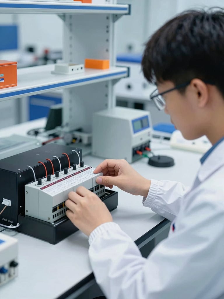 Crisp industrial photography, bright laboratory lighting, student in protective gear adjusting a PLC relay on an automation test bench, 35mm