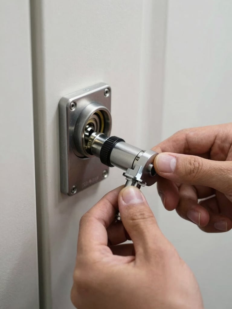 Close-up of a high-security lock cylinder being precisely installed into a clean door by a technician's hand, sharp technical lighting