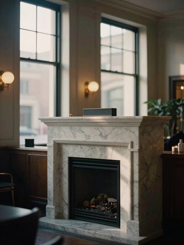 Cinematic portrait of a moody boutique hotel lobby with a marble fireplace, soft morning light filtering through tall windows, warm editorial tones, shallow depth of field, 35mm film look.