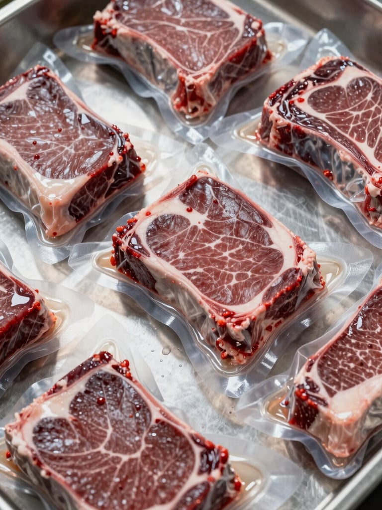 Extreme close-up overhead of export-grade beef cuts arranged in vacuum-sealed packaging on a stainless steel cold-storage surface, studio strobe lighting, moisture visible on packaging, no labels or text visible, documentary product study