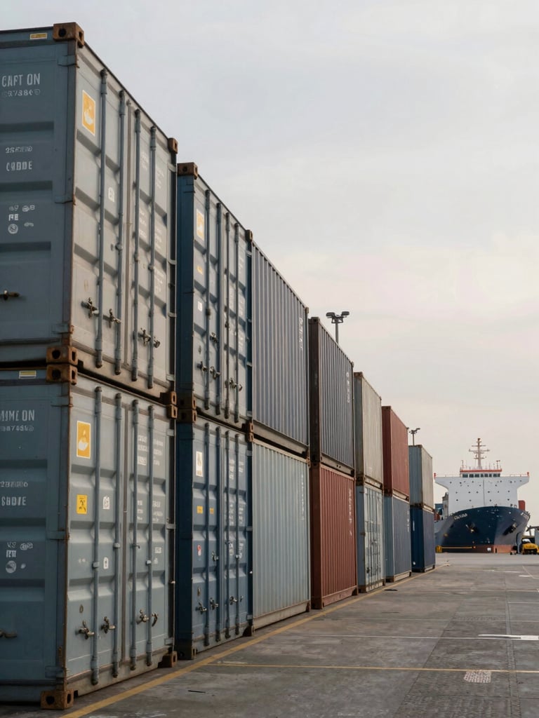 Wide environmental shot of a refrigerated shipping container yard at an overcast midday port, rows of reefer containers extending to the horizon on the left, a docked cargo vessel visible in the far right background, cool industrial ambient lighting, documentary framing