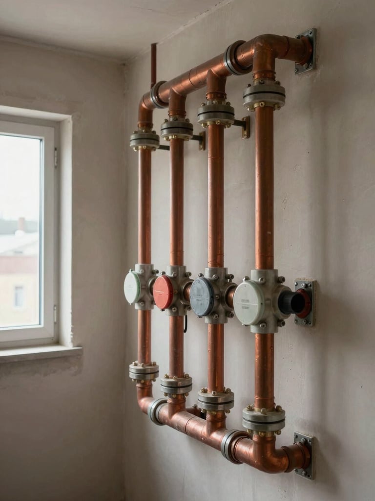 Wide environmental shot of a heating distribution manifold mounted on a utility room wall, copper circuits colour-coded with plastic clips, natural daylight from a small window to the left, unfinished plasterboard surroundings visible, no people