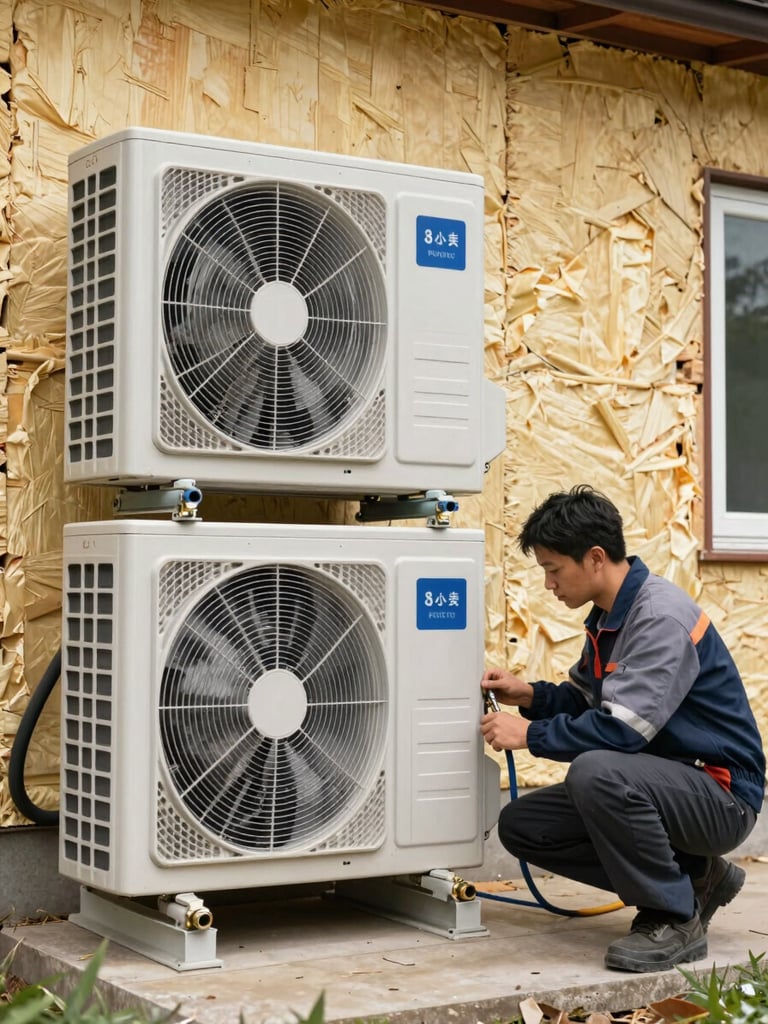 Environmental wide shot of a heat pump outdoor unit installed against an exterior wall freshly clad in insulation board, technician in work clothes crouching to connect refrigerant pipes, natural daylight, no staging, visible pipe connections and insulation seam detail