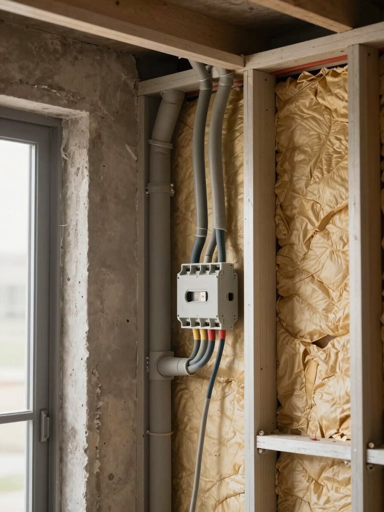 Close-up environmental shot of electrical rough-in inside an open wall cavity, grey conduit runs and junction box with wires grouped by circuit, natural sidelight from a doorway, visible insulation batts in adjacent stud bay, no people's faces