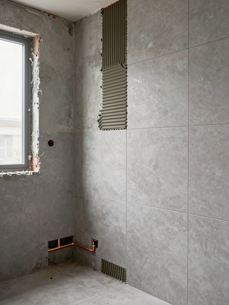 Wide environmental shot of a bathroom mid-renovation — cement board substrate exposed on the left wall, copper pipe rough-in visible at the base, a tiler pressing large-format grey tiles into fresh adhesive in the right third of the frame, natural daylight flooding from an unseen window left, no finished surfaces yet, raw construction depth
