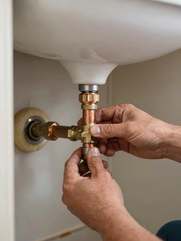 Environmental close-up of a plumber's hands tightening a copper pipe joint beneath a sink cabinet in a partially renovated bathroom, natural daylight from a nearby window, visible pipe insulation foam sleeve in the background, no people's faces