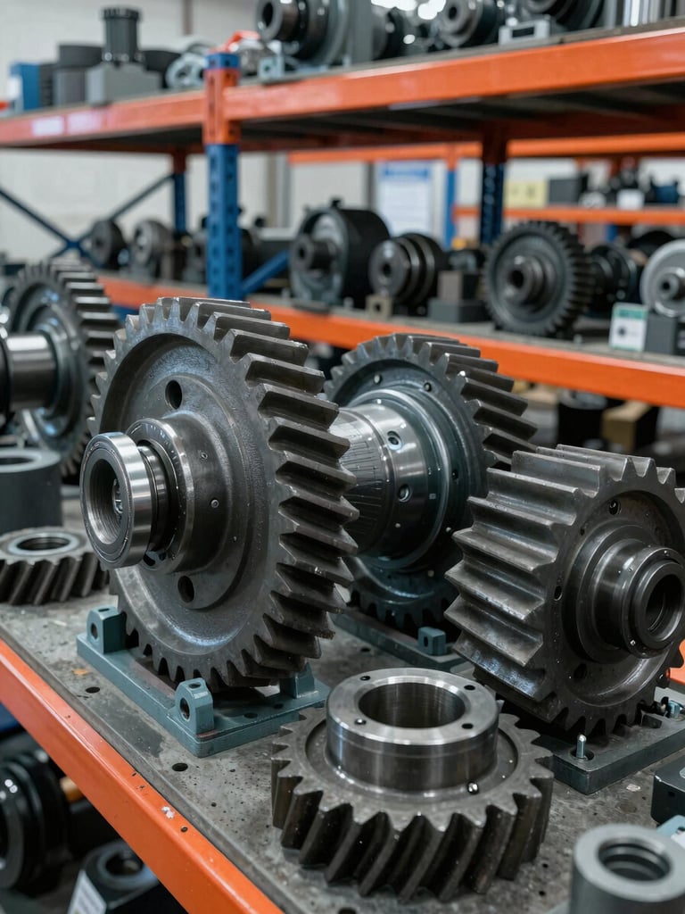 Close-up of industrial heavy machinery gears and replacement parts in a structured warehouse rack, natural overcast light, cool tones, 35mm lens.